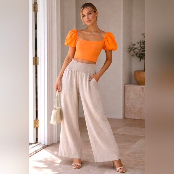 Mustard Seed Pants - Anthropologie Mustard Seed NWT Wide Leg Pants Smocked Waist Neutral Boho Flowy